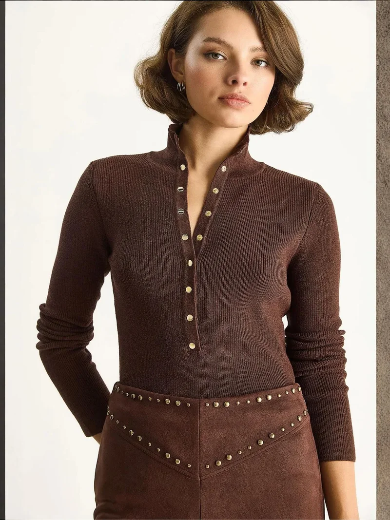 Bianco Lucci Dark Mocha Brown LUCCI Fitted Long Sleeve Knit Blouse with Snap Closure for Women | Best Price UAE