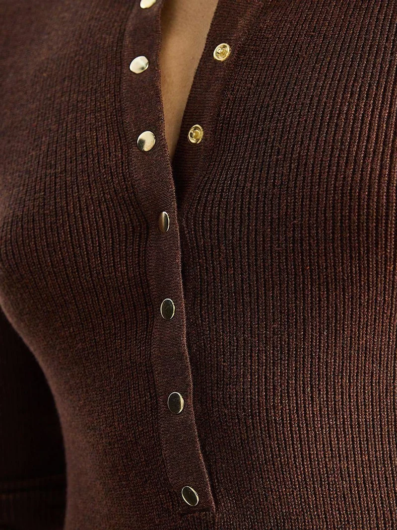Bianco Lucci Dark Mocha Brown LUCCI Fitted Long Sleeve Knit Blouse with Snap Closure for Women | Best Price UAE