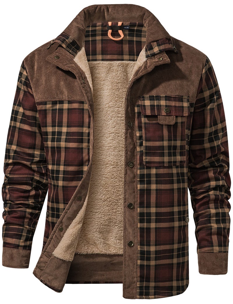 Flygo Mens Flannel Jacket Loose Plaid Sherpa Lined Flannel Shirt Snap Button Warm Winter Jackets PocketsCoffeeXL