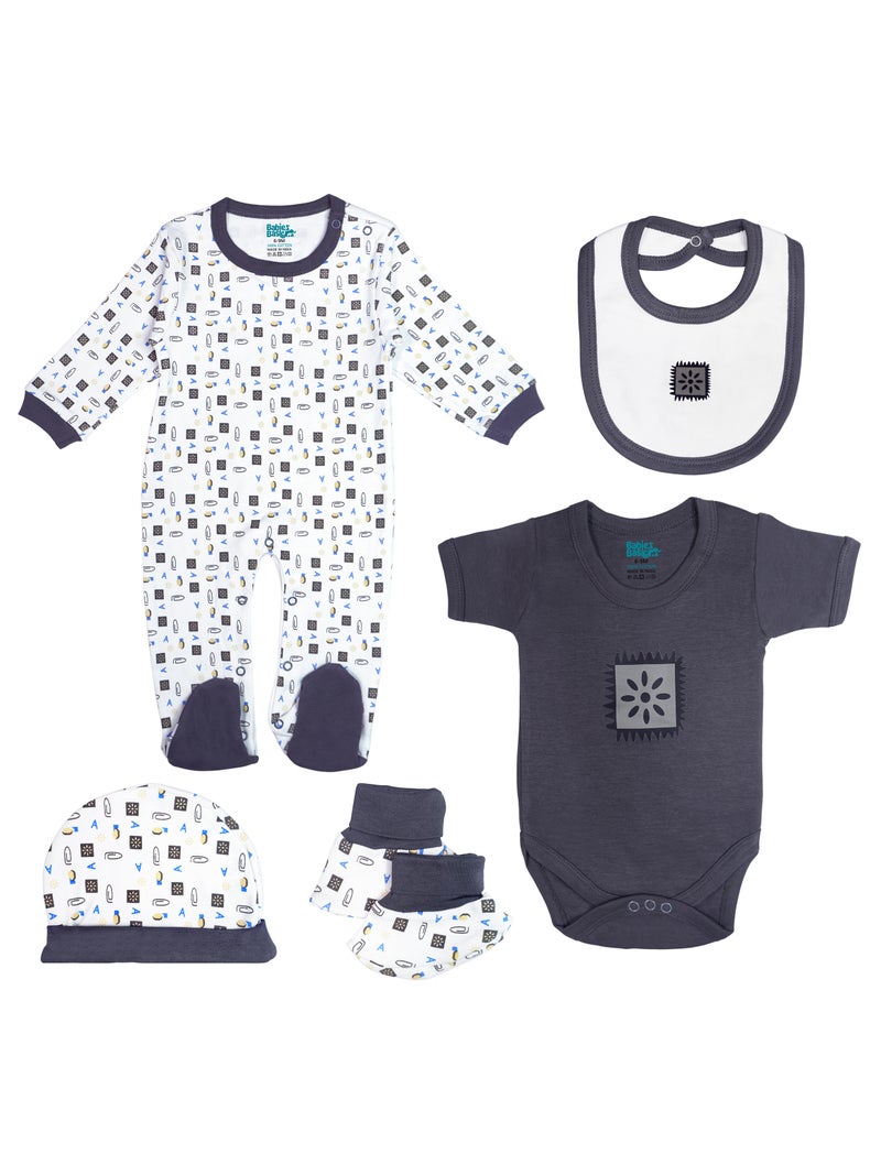 Babies Basic 5 piece Unisex 100% Cotton Sets include Bib, Romper, Mittens, Cap and Sleepsuit/Jumpsuit - Image 1