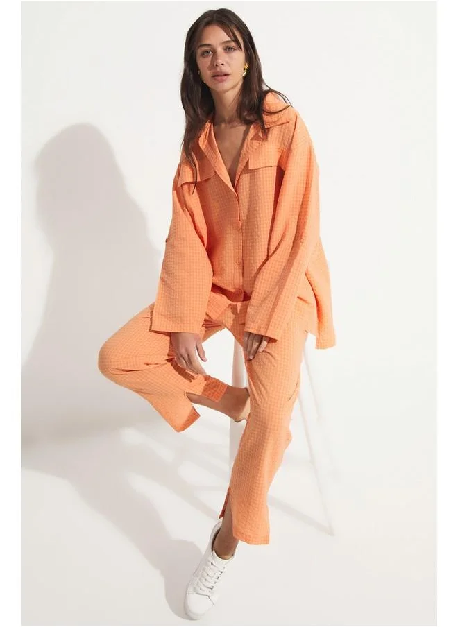 JUNE June Self Patterned Shirt & Trouser Set Orange