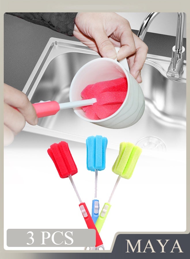 3 PCS Sponge Clean Brush, Sponge Clean Brush With Adjustable Plastic Handle, Telescopic Bottle Cleaning Sponge Brush random color - Image 1