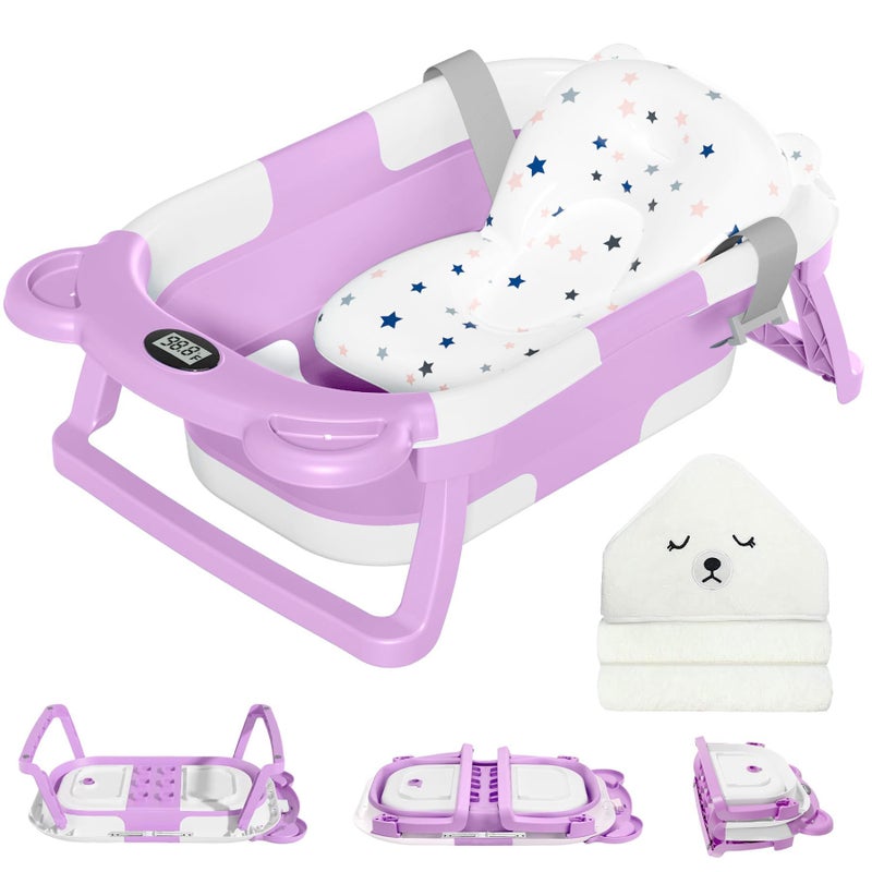 MoreFeel Collapsible Baby Bathtub for Newborn with Thermometer 1 Hooded Towel 1 Soft Floating CushionPortable Travel Bathtub with Drain Hole Durable Foldable Baby Tubs for Infants to Toddler