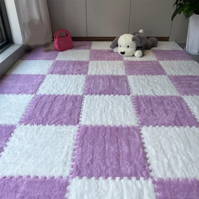 YISLEND 12Pcs Interlocking Carpet Tiles,12"x 12" Plush Interlocking Foam Carpet Tile with Border,Fluffy Play Mat Floor Tiles Thick Padded Squares Foam Tile for Playroom Decor (White+Purple) - Image 1