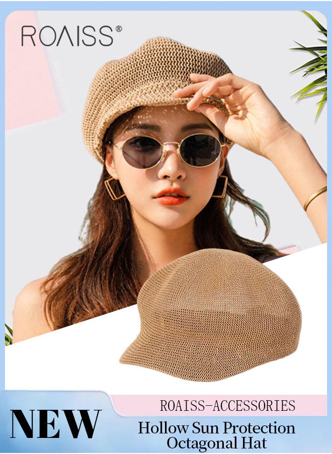 roaiss - Hollow Sun Protection Octagonal Hat for Women, Breathable Mesh Straw Beret, Summer Beach Outdoor Hat Garden Fishing Hiking, Adjustable Size - Image 1