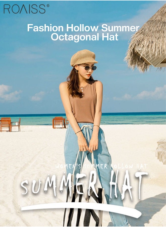 roaiss - Hollow Sun Protection Octagonal Hat for Women, Breathable Mesh Straw Beret, Summer Beach Outdoor Hat Garden Fishing Hiking, Adjustable Size - Image 1