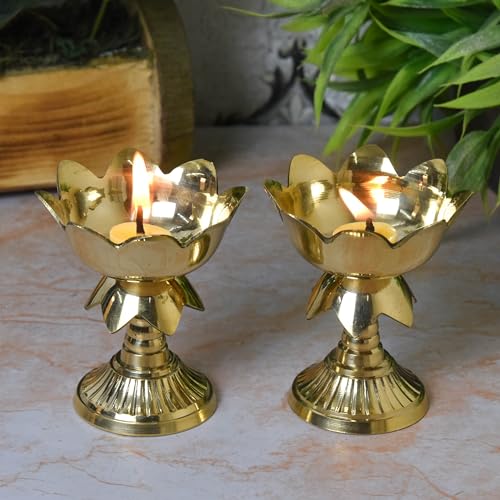 Neetu Arts Pure Brass Kamal Akhand Nanda Diya – Traditional Oil Lamp for Pooja & Home Temple (3.25 Inches, Pack of 2) - Image 1