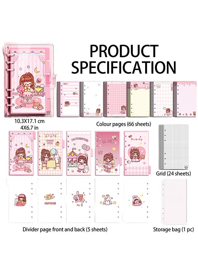 BiuTFon 2 pcs A6 Refillable Notebook, 6 Ring Transparent PVC Planner Binder Cover with Colorful Planner Refill Cute Loose Leaf Paper, Cartoon Dividers and Zipper Pocket  - Image 2