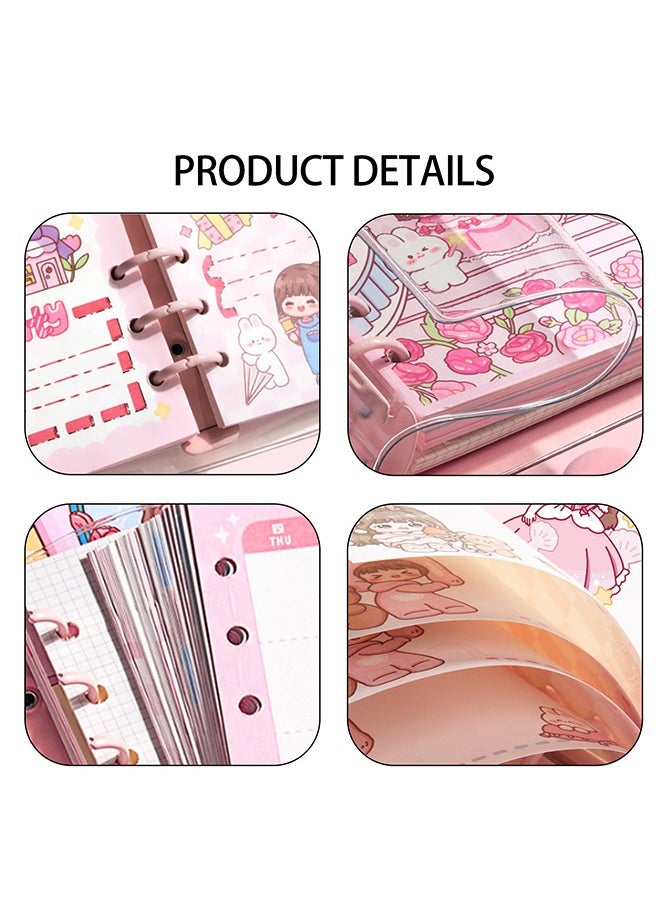 BiuTFon 2 pcs A6 Refillable Notebook, 6 Ring Transparent PVC Planner Binder Cover with Colorful Planner Refill Cute Loose Leaf Paper, Cartoon Dividers and Zipper Pocket  - Image 3