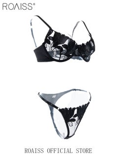 roaiss Floral Embroidery Lingerie Set for Women 2 PCS Charming Skin Friendly Mesh Yarn Underwire Underwear Sets Ladies Comfy and Breathable Push up Bra and Thong Sets  - Image 3