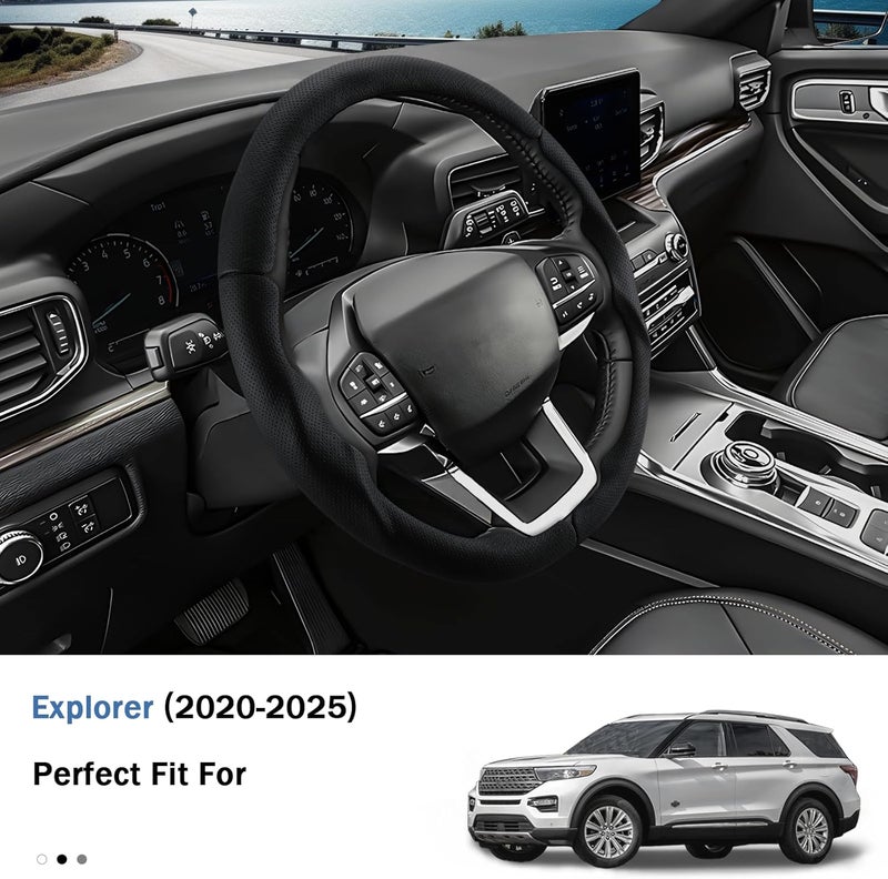 Aotoyou غطاء عجلة القيادة لسيارات Ford Explorer 2020-2025، مزود بحماية إضافية (جلد أسود مثقوب) - Image 3