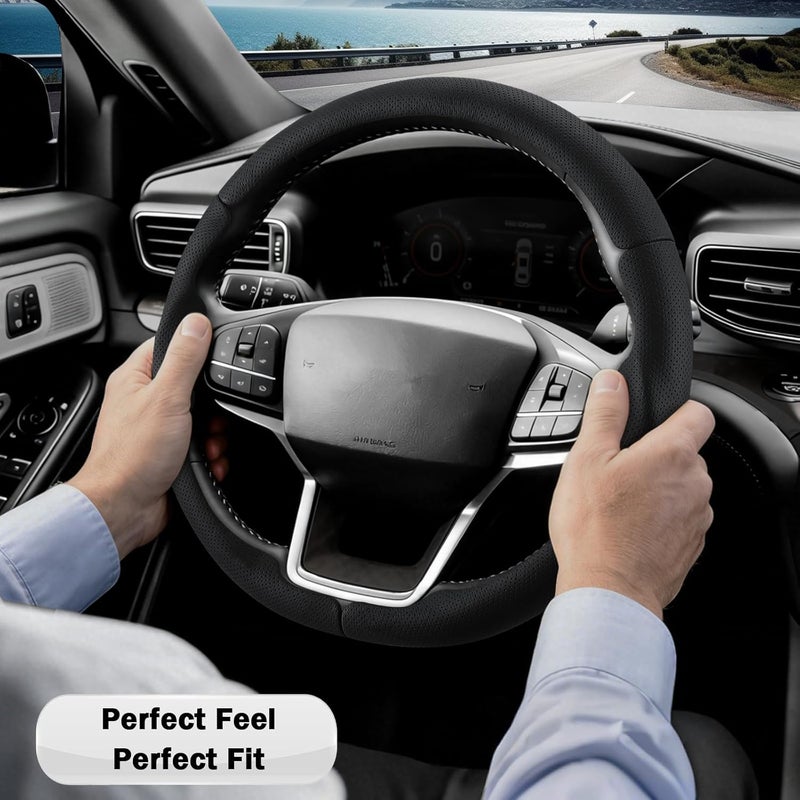 Aotoyou غطاء عجلة القيادة لسيارات Ford Explorer 2020-2025، مزود بحماية إضافية (جلد أسود مثقوب) - Image 5