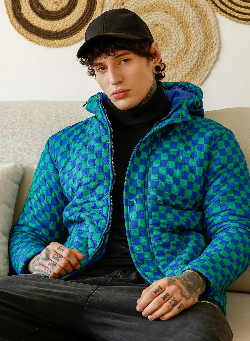 Men's Checker-Tactile Puffer Jacket | Stand Collar , Long Regular Sleeves , Flap-Button Closure , Straight Hem | Check Print Woven Textured For Casual & Daily | Blue & Green