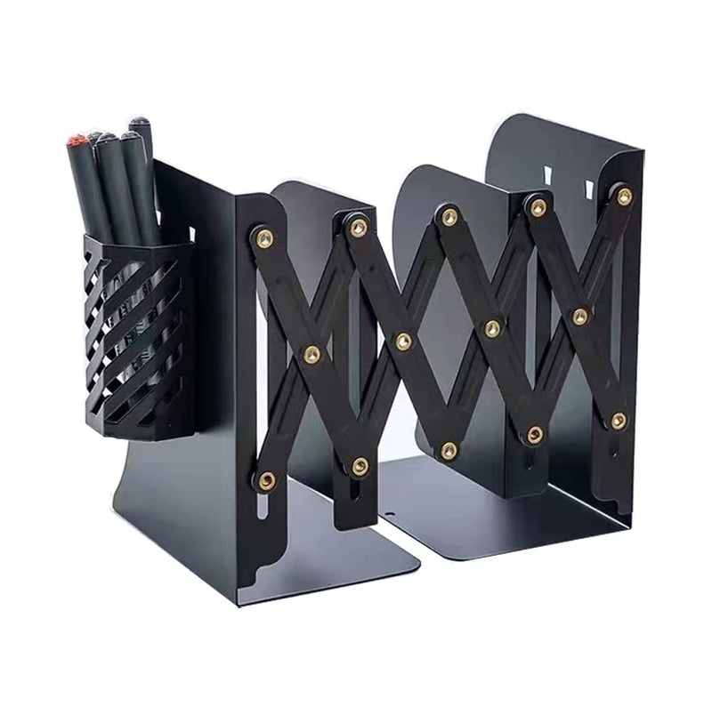 JIARI Adjustable Bookends Book Ends Stand Holder Book Storage Rack Shelf Bookend Desktop Desk Book Organizer with 1pcs Pen Holder Black