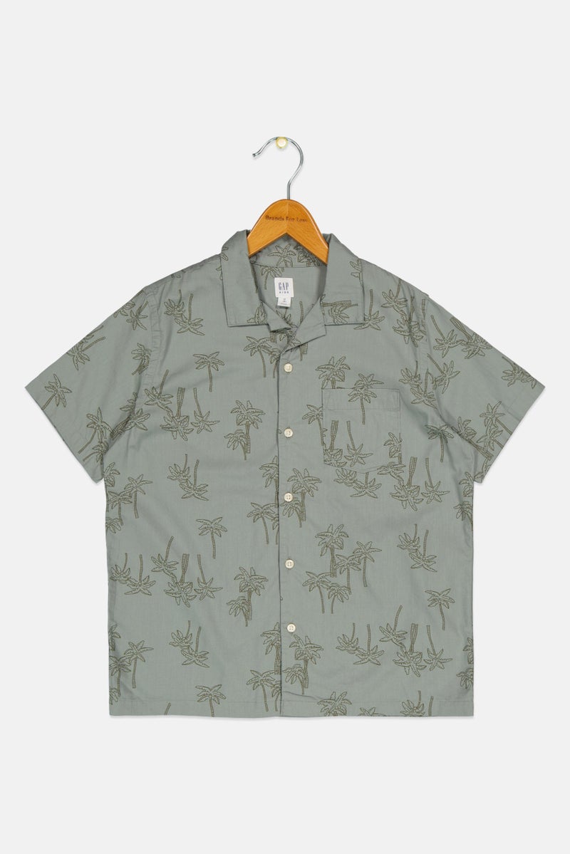 GAP Kids Boy Lapel Collar Allover Print Short Sleeves Casual Shirt, Grey - Image 1