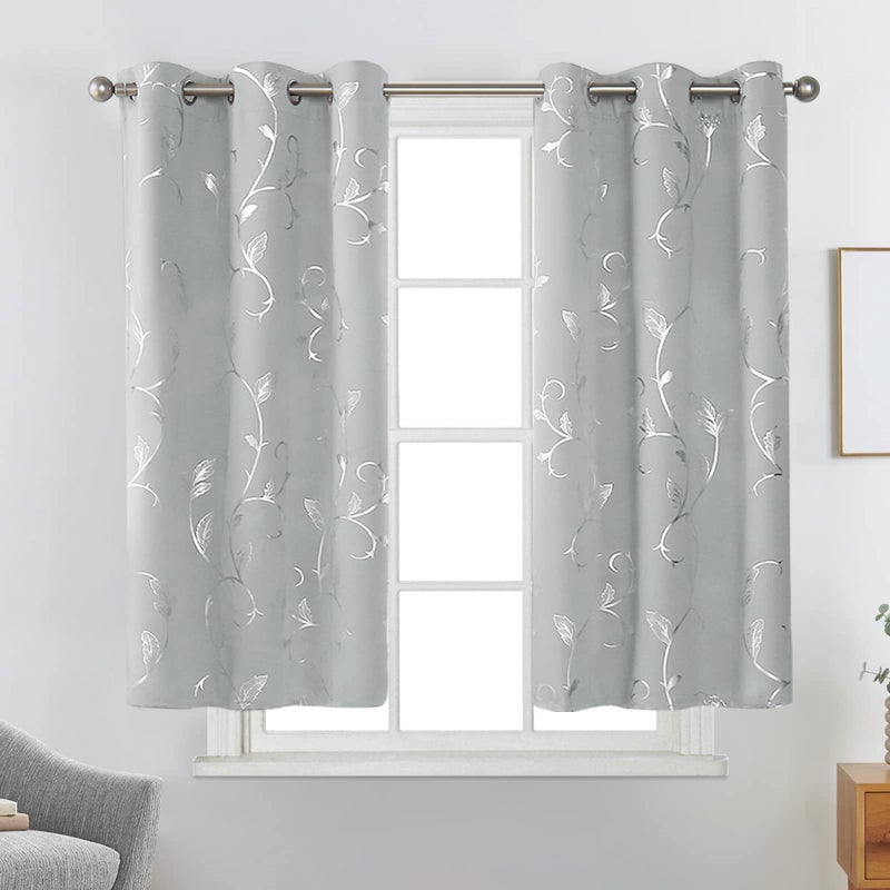 BUHUA Silver Grey Blackout Curtain 2 Panel Set Vine Foil Print Thermal Insulated Drapes Room Darkening Curtains Grommet Window Treatment, 38 x 45 Inch, Silver Grey - Image 2