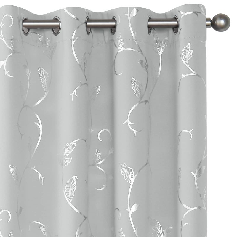 BUHUA Silver Grey Blackout Curtain 2 Panel Set Vine Foil Print Thermal Insulated Drapes Room Darkening Curtains Grommet Window Treatment, 38 x 45 Inch, Silver Grey - Image 1