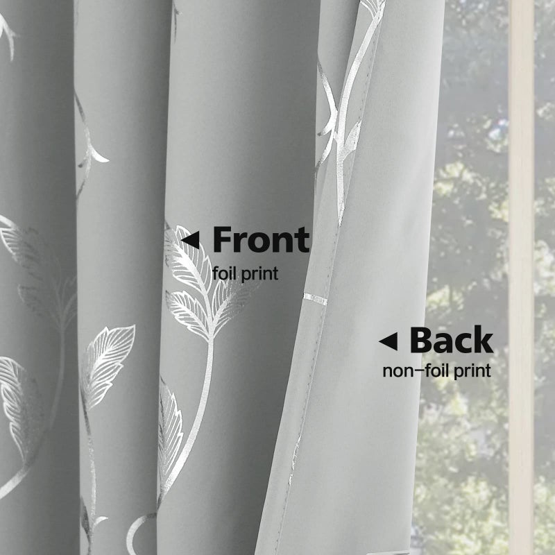 BUHUA Silver Grey Blackout Curtain 2 Panel Set Vine Foil Print Thermal Insulated Drapes Room Darkening Curtains Grommet Window Treatment, 38 x 45 Inch, Silver Grey - Image 4