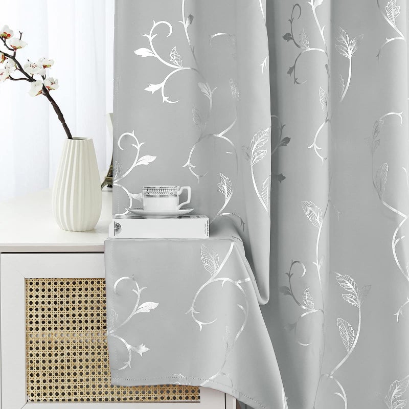 BUHUA Silver Grey Blackout Curtain 2 Panel Set Vine Foil Print Thermal Insulated Drapes Room Darkening Curtains Grommet Window Treatment, 38 x 45 Inch, Silver Grey - Image 3