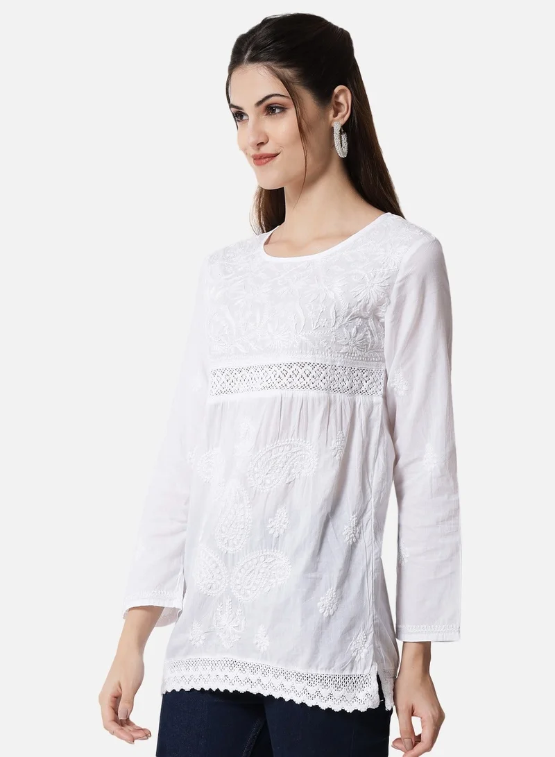 Alaya Hand Embroidered Chikankari Cotton Straight Tunic With Qureshia Lace-AL3347
