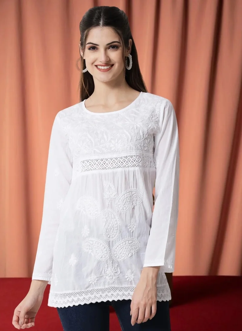Alaya Hand Embroidered Chikankari Cotton Straight Tunic With Qureshia Lace-AL3347