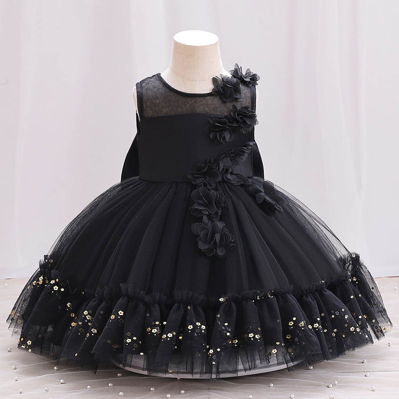 New Children Flower Stitching Princess Solid Color Performance Dress Birthday Dinner Big Bow dress Wholesale black