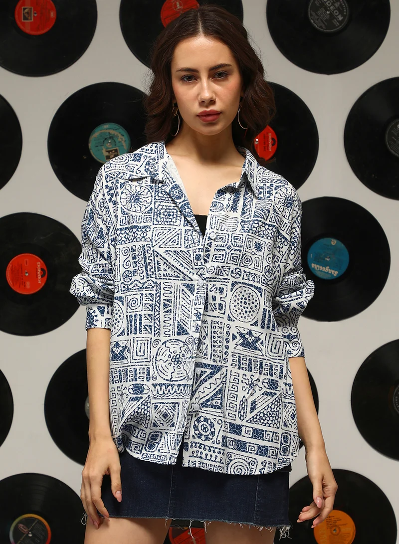 Campus Sutra Women's Navy Blue Scripture Oversized Shirt
