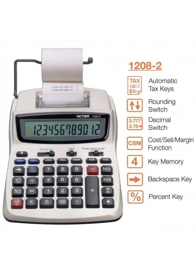 Victor Victor Printing Calculator, 1208-2 Compact and Reliable Adding Machine with 12 Digit LCD Display, Battery or AC Powered, Includes Adapter,White  - Image 2
