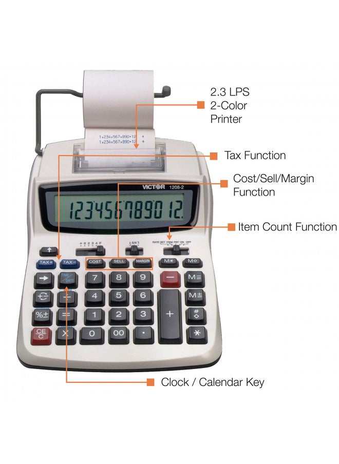 Victor Victor Printing Calculator, 1208-2 Compact and Reliable Adding Machine with 12 Digit LCD Display, Battery or AC Powered, Includes Adapter,White  - Image 3