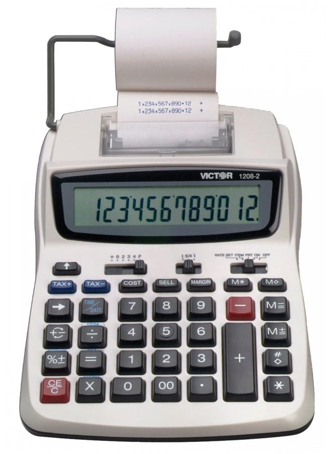 Victor Victor Printing Calculator, 1208-2 Compact and Reliable Adding Machine with 12 Digit LCD Display, Battery or AC Powered, Includes Adapter,White  - Image 1