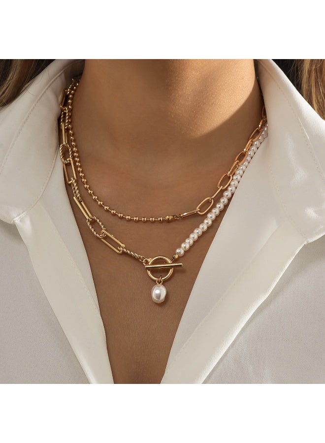 Lavida Layered Gold Necklace Set for Women Textured Cuban Chain & Pearl Accent Boho Jewelry with Adjustable Paperclip Links for Summer Accessories - Image 1
