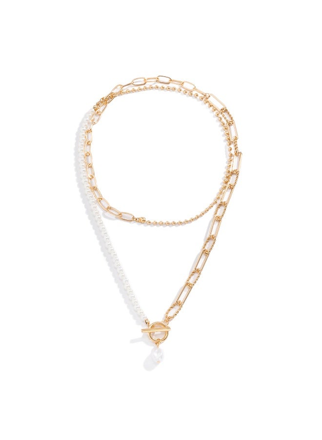 Lavida Layered Gold Necklace Set for Women Textured Cuban Chain & Pearl Accent Boho Jewelry with Adjustable Paperclip Links for Summer Accessories - Image 2