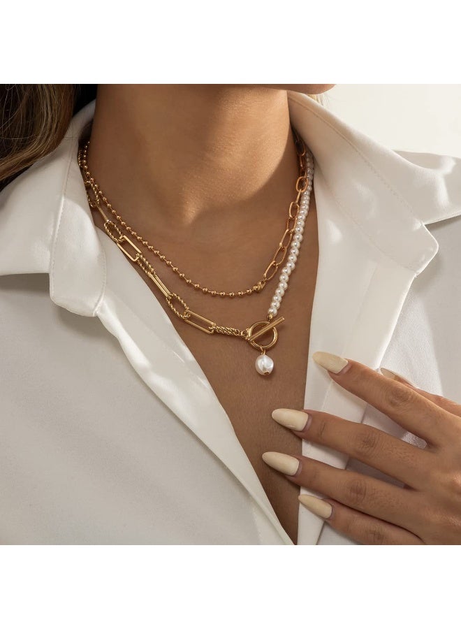 Lavida Layered Gold Necklace Set for Women Textured Cuban Chain & Pearl Accent Boho Jewelry with Adjustable Paperclip Links for Summer Accessories - Image 4