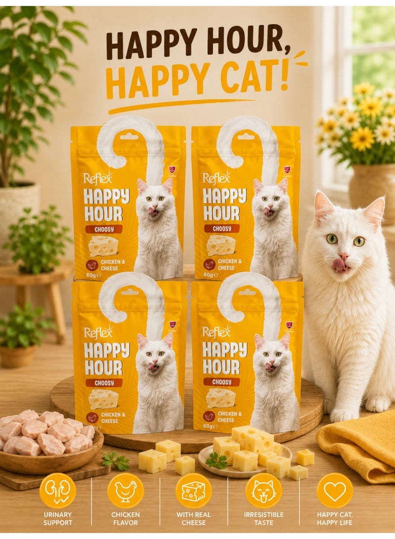 Happy Hour Choosy Cat Treats with Chicken & Real Cheese – Creamy Cat Snack 60g (4 Pack)