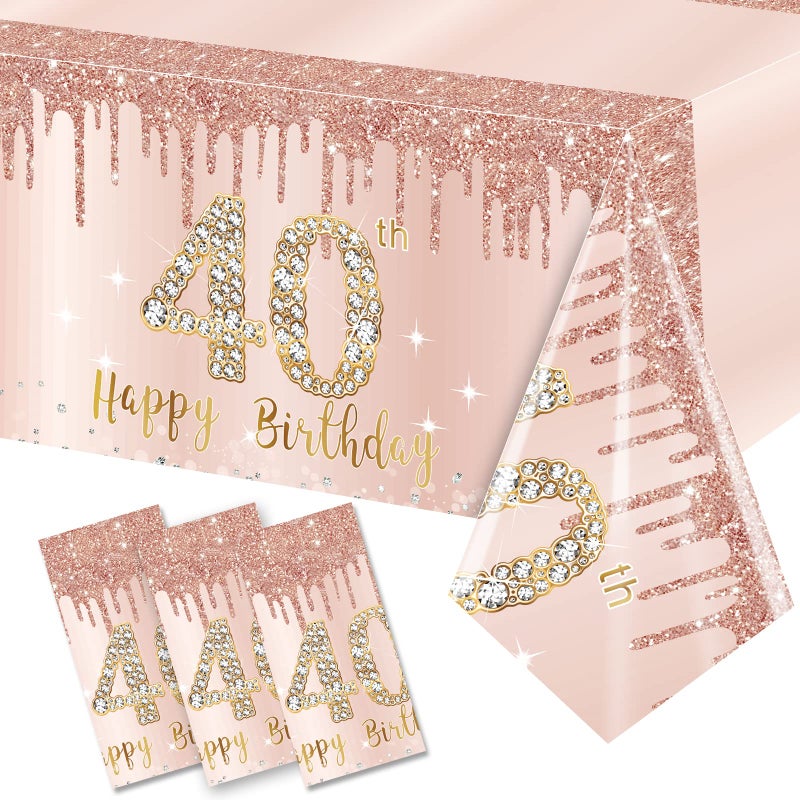 3 Pack 40th Birthday Tablecloth Decorations for Women Pink Rose Gold Happy 40 Birthday Theme Table Cover Party Supplies Forty Year Old Birthday Plastic Disposable Rectangular Table Cloth Decor
