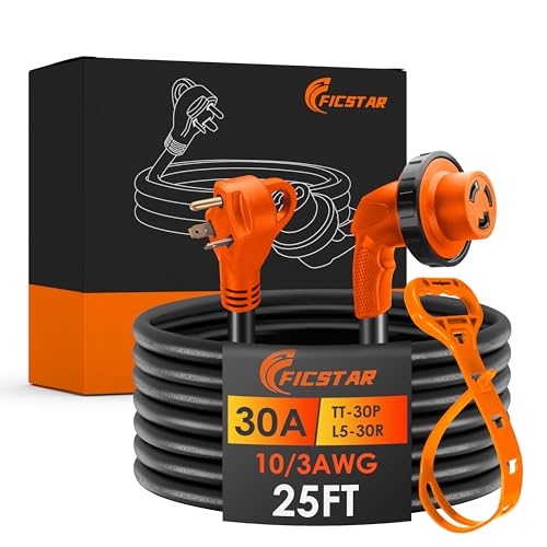 Ficstar 30 Amp RV Extension Cord25 ftHeavy Duty Generator Extension Cord with LED Power Indicator30 AMP Female 90 Twist Lock Adapter with Reverse Polarity LampNEMA TT30P to L530R120V125V - Image 1