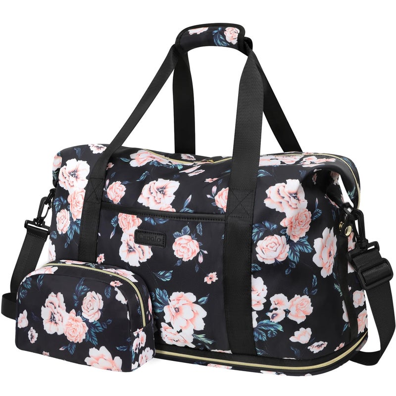 Capolo Expandable Waterproof Travel Duffle, Weekender Overnight Bag for Women Men, Hospital Labor Delivery Carry-on With Toiletry Bag for Gym Airplanes (Black Floral, X-Large) - Image 1