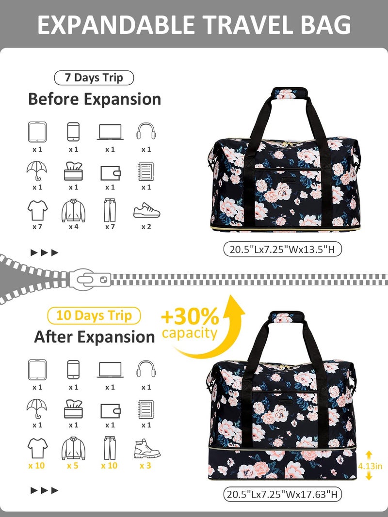 Capolo Expandable Waterproof Travel Duffle, Weekender Overnight Bag for Women Men, Hospital Labor Delivery Carry-on With Toiletry Bag for Gym Airplanes (Black Floral, X-Large) - Image 3