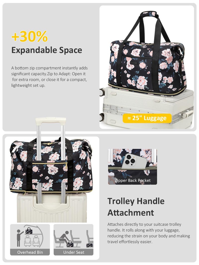 Capolo Expandable Waterproof Travel Duffle, Weekender Overnight Bag for Women Men, Hospital Labor Delivery Carry-on With Toiletry Bag for Gym Airplanes (Black Floral, X-Large) - Image 5