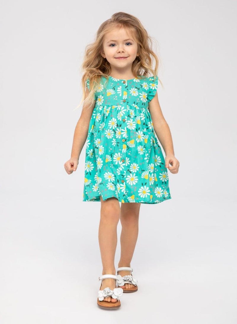 MINOTI Girls dress frilled sleeves floral green - Image 1