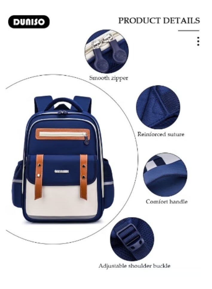 DUNISO Kids' Schoolbag with Navy - White Contrast Color, Lightweight and Waterproof - Image 4