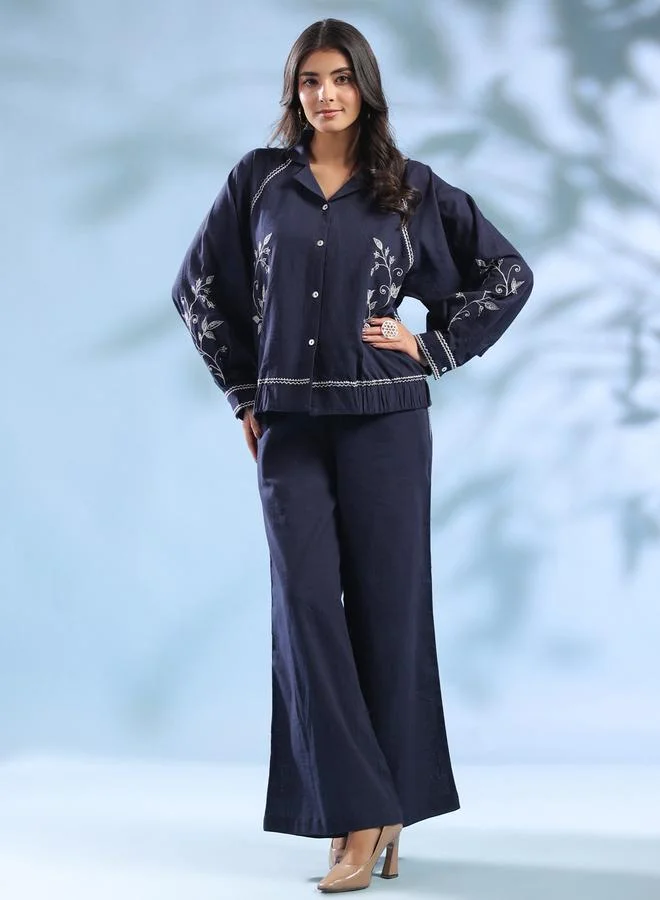 Sanskrutihomes  Navy Blue Embroidered Shirt and Wide Leg Trousers Co-ord Set for Women | Best Price UAE