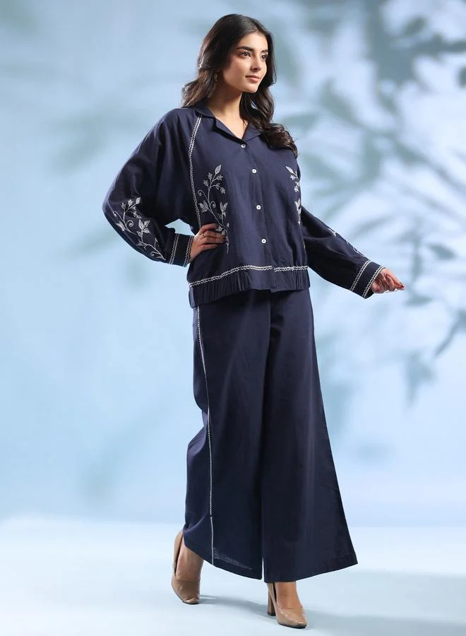 Sanskrutihomes  Navy Blue Embroidered Shirt and Wide Leg Trousers Co-ord Set for Women | Best Price UAE