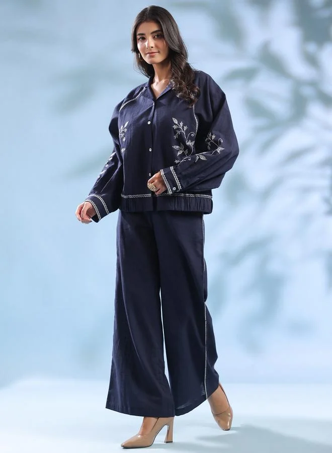 Sanskrutihomes  Navy Blue Embroidered Shirt and Wide Leg Trousers Co-ord Set for Women | Best Price UAE