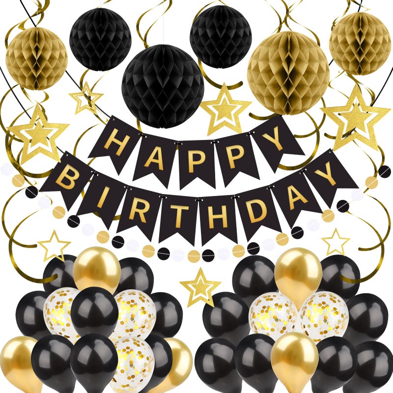 ZERODECO Black Gold Birthday Decorations Easy to Assemble Happy Birthday Banner with Honeycomb Ball Balloon Hanging Swirl Streamer Garland Party Decorations for Women Men - Image 3