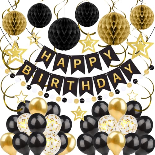ZERODECO Black Gold Birthday Decorations Easy to Assemble Happy Birthday Banner with Honeycomb Ball Balloon Hanging Swirl Streamer Garland Party Decorations for Women Men - Image 1