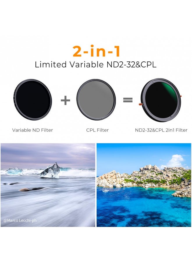 K&F Concept K&F Concept 82mm Variable Fader ND2-ND32 ND Filter and CPL Circular Polarizing Filter 2 in 1 for Camera Lens No X Spot Waterproof Scratch Resistant (Nano-X Series)  - Image 1