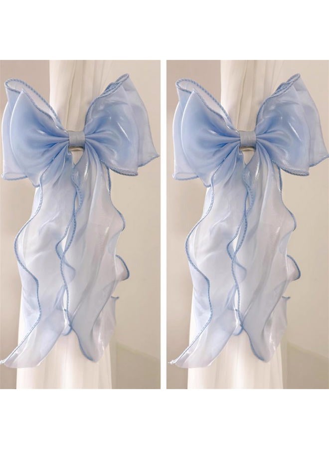 RandomParty 2 Pack French Silky Bow Curtain Tiebacks, Elegant Lace Ribbon for Curtains Decorative Rope Accessories Home Décor (Blue,2) - Image 1
