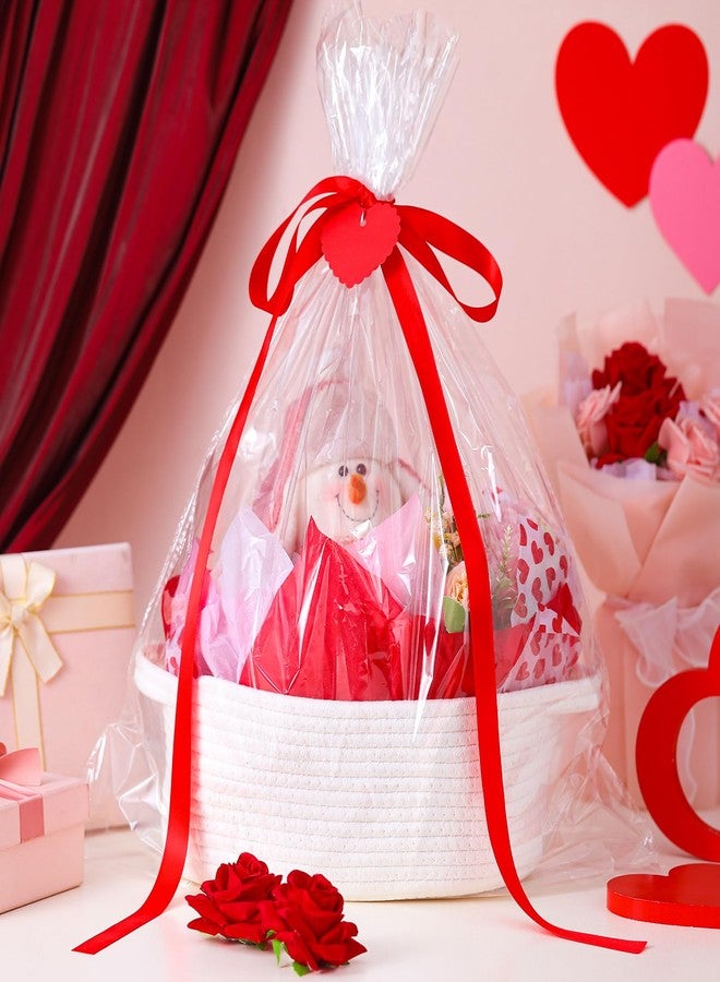 Pickmesh 10 Pcs 1 Set Valentines Gift Basket Small Woven Basket with Gift Bags Tissue Paper Label and Ribbons Clear Cellophane Bags Tags for Valentines Day Holiday Party Supplies - Image 5