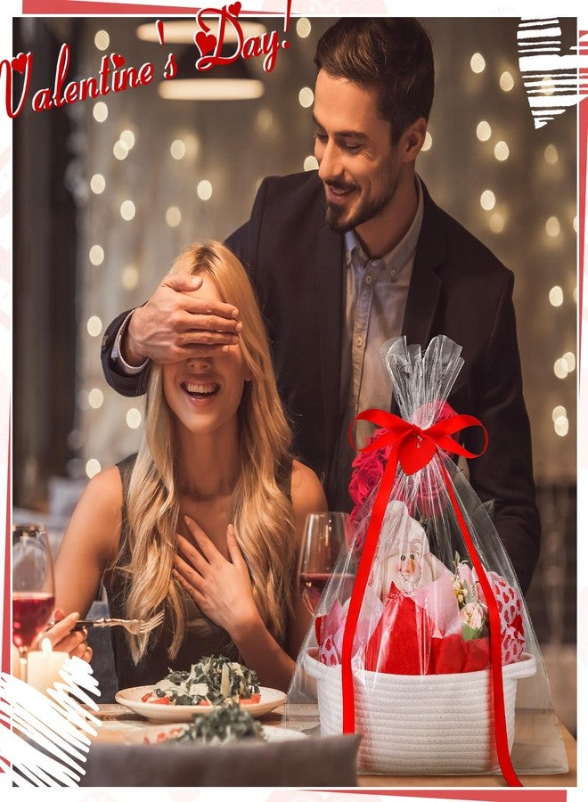 Pickmesh 10 Pcs 1 Set Valentines Gift Basket Small Woven Basket with Gift Bags Tissue Paper Label and Ribbons Clear Cellophane Bags Tags for Valentines Day Holiday Party Supplies - Image 2